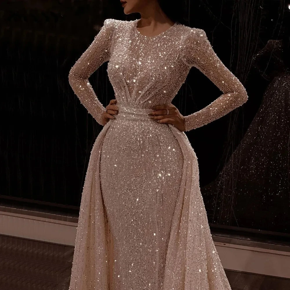 

Luxury Sequins Mermaid Evening Dresses Full sleeved Beaded Detachable Train Shiny O-Neck Party Gown Robes De Soirée Vestido De
