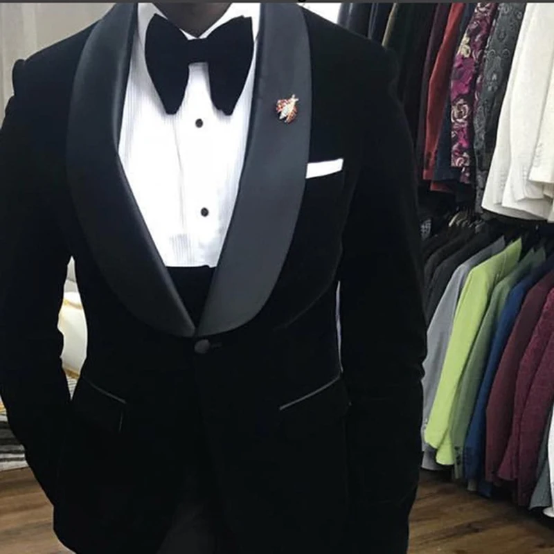 Black Velvet Wedding Tuxedo 3 Piece African Men Suits For Winter Prom Slim Fit Male Fashion Costume Jacket Waistcoat With Pants
