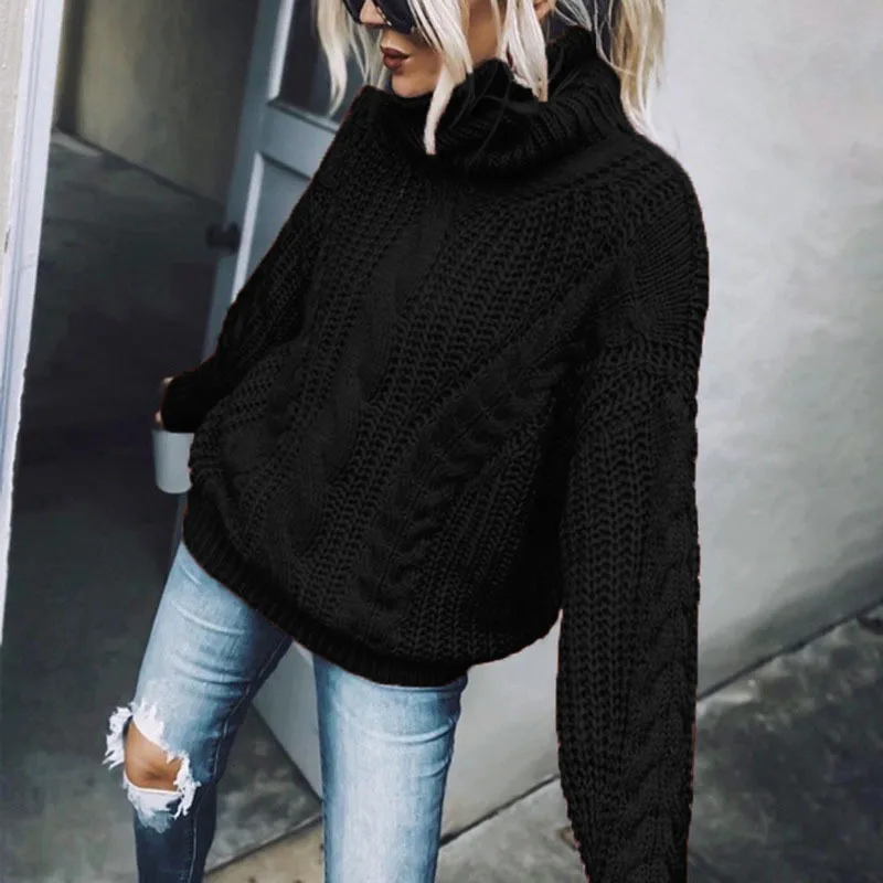 Turtleneck Sweater Kintted Women Crochet Gray Pullovers Blue