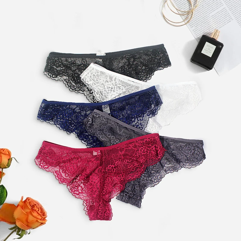 

5PCS Sexy Underwear Perspective Lace Women Panties Floral Solid Hollow Out Briefs Female Underpants Breathable Women Lingerie