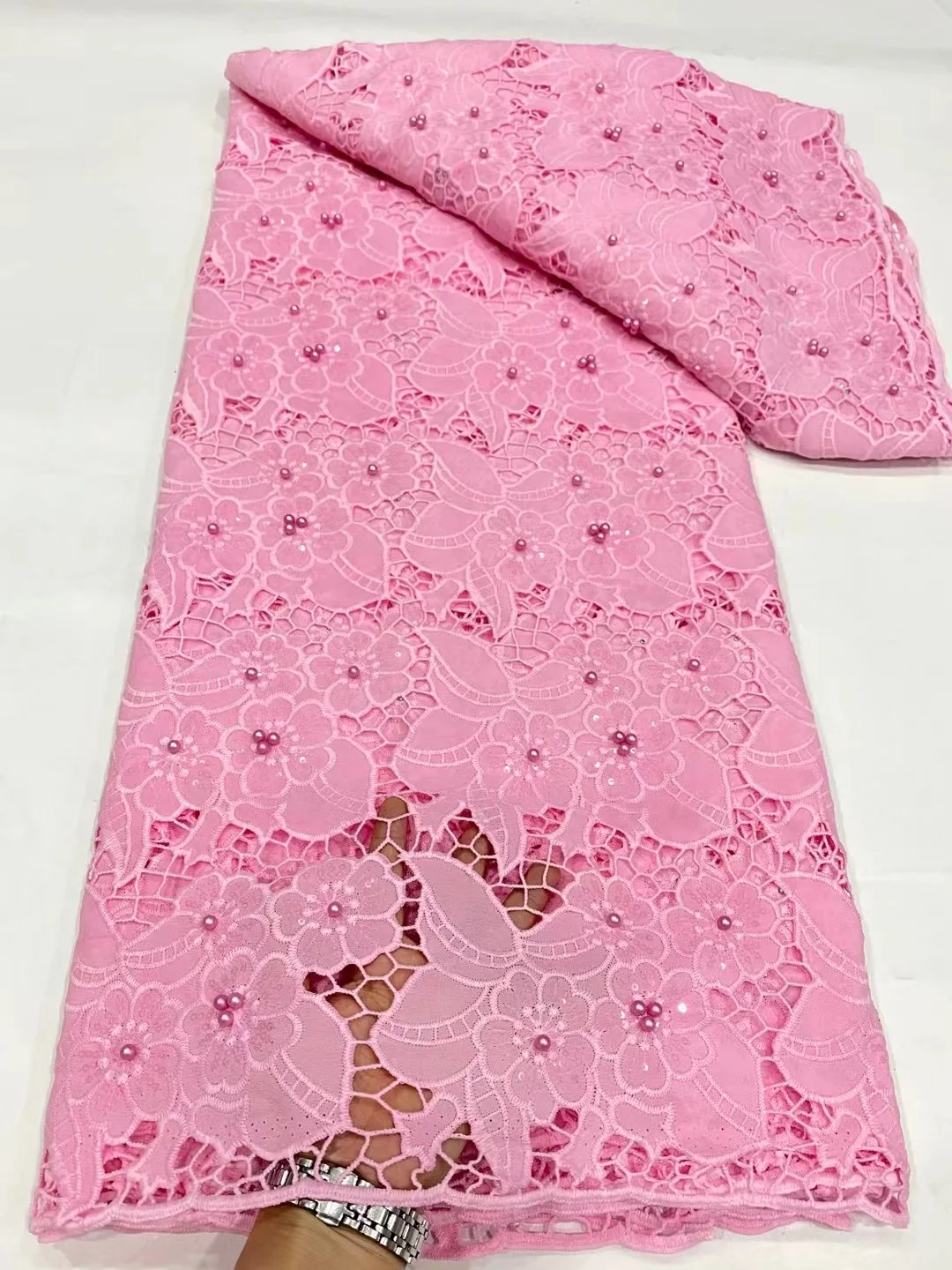 

Nigerian Water Soluble Pearls Lace Fabric 2023 High Quality African Sequins Guipure Cord Fabric For Wedding Prom Dress Material