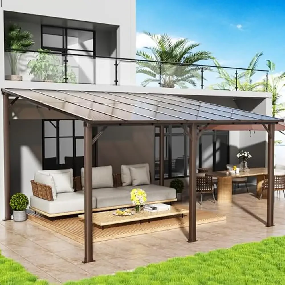 10x14 FT Outdoor Gazebo Aluminum Frame Wall Mounted Sunshade Tent Heavy Duty Rainproof Wind Resistant UV Blocking Modern Design Patio