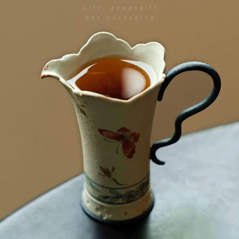 140ml Blue And White Flint Red Tea Pitcher Handmade Gold Drawing Butterfly Orchid Cha Hai Justice Cup Tea Ceremony Accessories