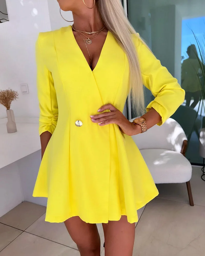 

Ruched Buttoned Work Skorts Romper Women V neck Summer Spring Solid Color Fashion Playsuits Rompers Skort