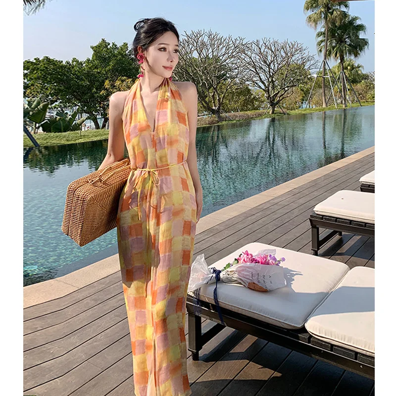 

French Minority Elegant Plaid Suspender Dress Woman Design Split Seaside Vacation Style Halter Backless Long Dress Woman