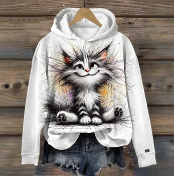 Autumn Women's Hoodie Cat Printed Casual Long Sleeve 3d Clothing Fashions Streetwear Crew Neck Pullover Female Oversized Clothes