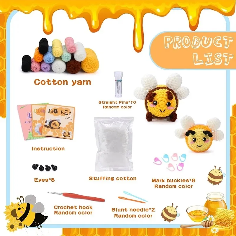 Crochet Kit for Beginners With Video Tutorial Cotton Knitting Yarn Thread Plastic Needles Hooks Knit Tool Set KRABALL Little Bee