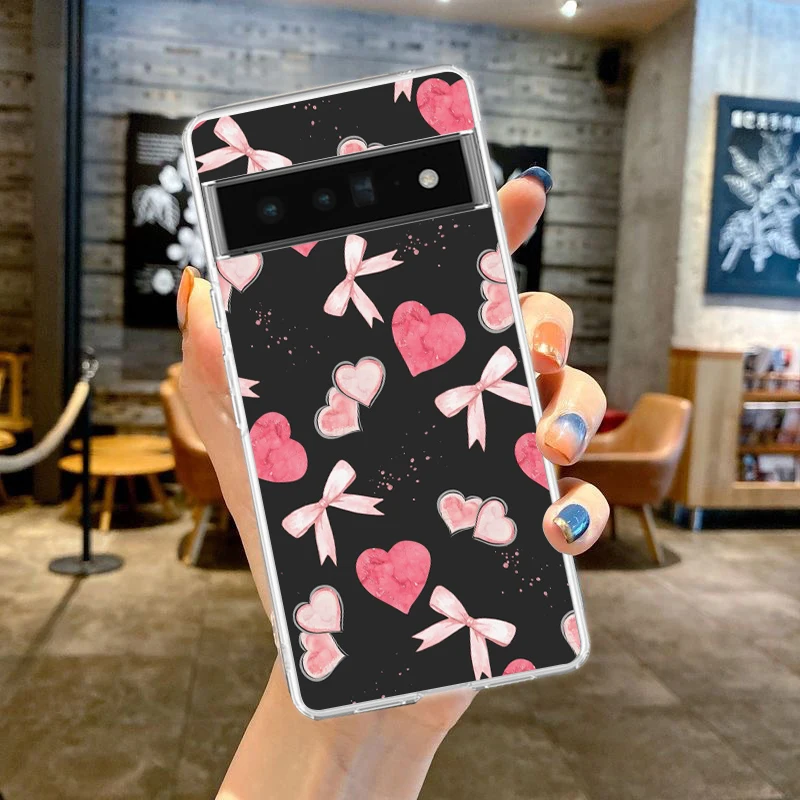 Elegant Soft Clear TPU Phone Case with Cute Pink Heart and Bow Design