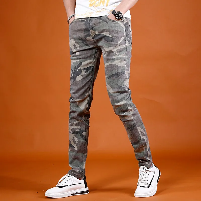 Camouflage Jeans Men Summer Lightweight Slim Fit Pants Streetwear Casual Straight Leg Denim Trousers
