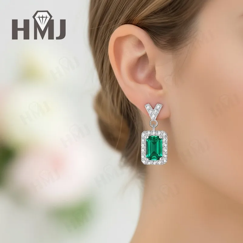 Laborgezüchtete Edelstein-Ohrringe aus 925 Sterling Silber, Grüner/Roter/Blauer Smaragd/Prinzessinnenschliff, Feiner Schmuck, Muttertagsgeschenk für Sie – Detail 8