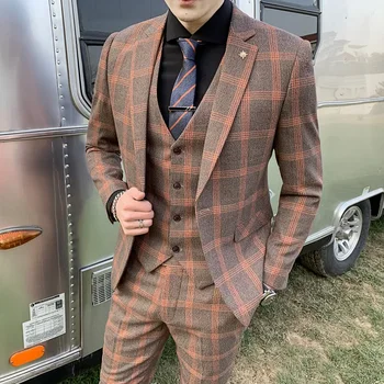 Autumn New Style Men's Three-Piece Suit Wedding Slim Fit Best Man Office Professional Plaid Suit Set Male Fashionable