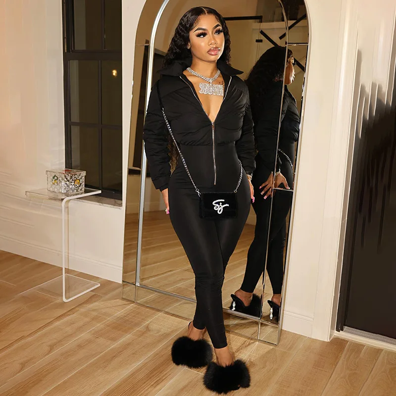 Casual Cutton Padded Jumpsuit Women Zipper One Piece Outfit 2023 Winter Fashion Pencil Pants Female Elegant Bodycon Jumpsuit