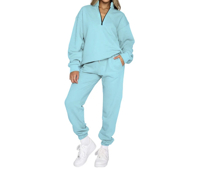 Women's Autumn and Winter New Solid Collar Zipper Pullover Long Sleeve Sweater Two-piece Fashion Pants Suit Female Top & Trouser