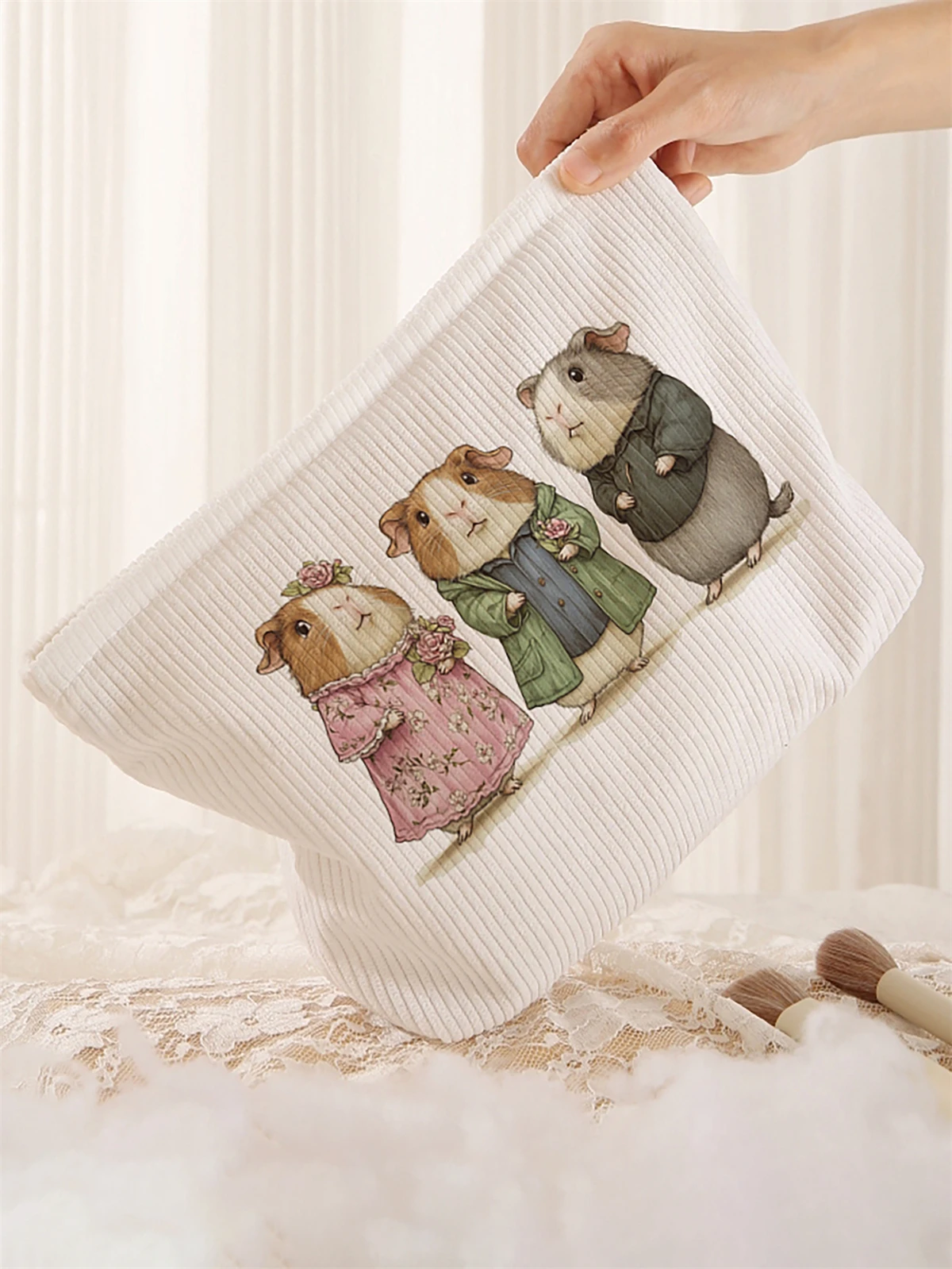 1 cute hamster patterned corduroy makeup bag, lightweight zipper makeup storage box, multifunctional bag with lining