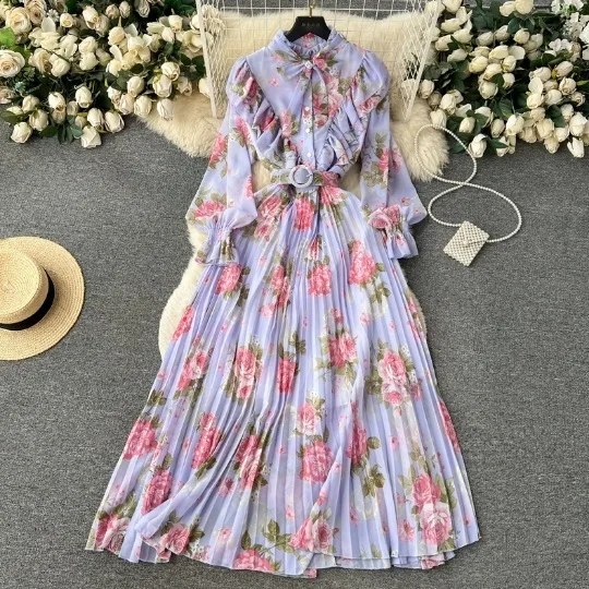2024 French Spring New Long sleeved Heavy Crafted Pleated Bow Long Printed Chiffon Sweet Dress for Beach Vacation