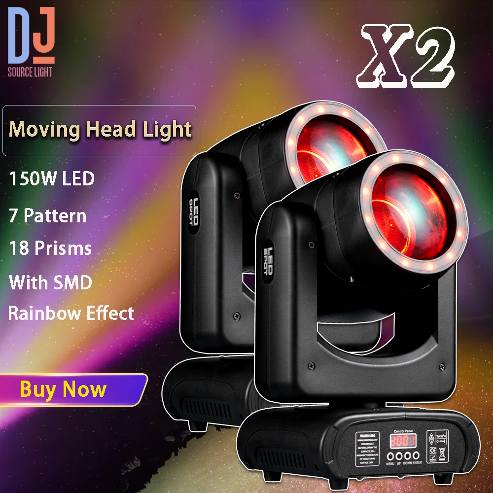 

2Pcs/lot 150W LED Beam Spot Moving Head Light With SMD Rainbow 18 Prisms Effect DMX512 DJ Disco Party Wedding Stage Effects Lamp