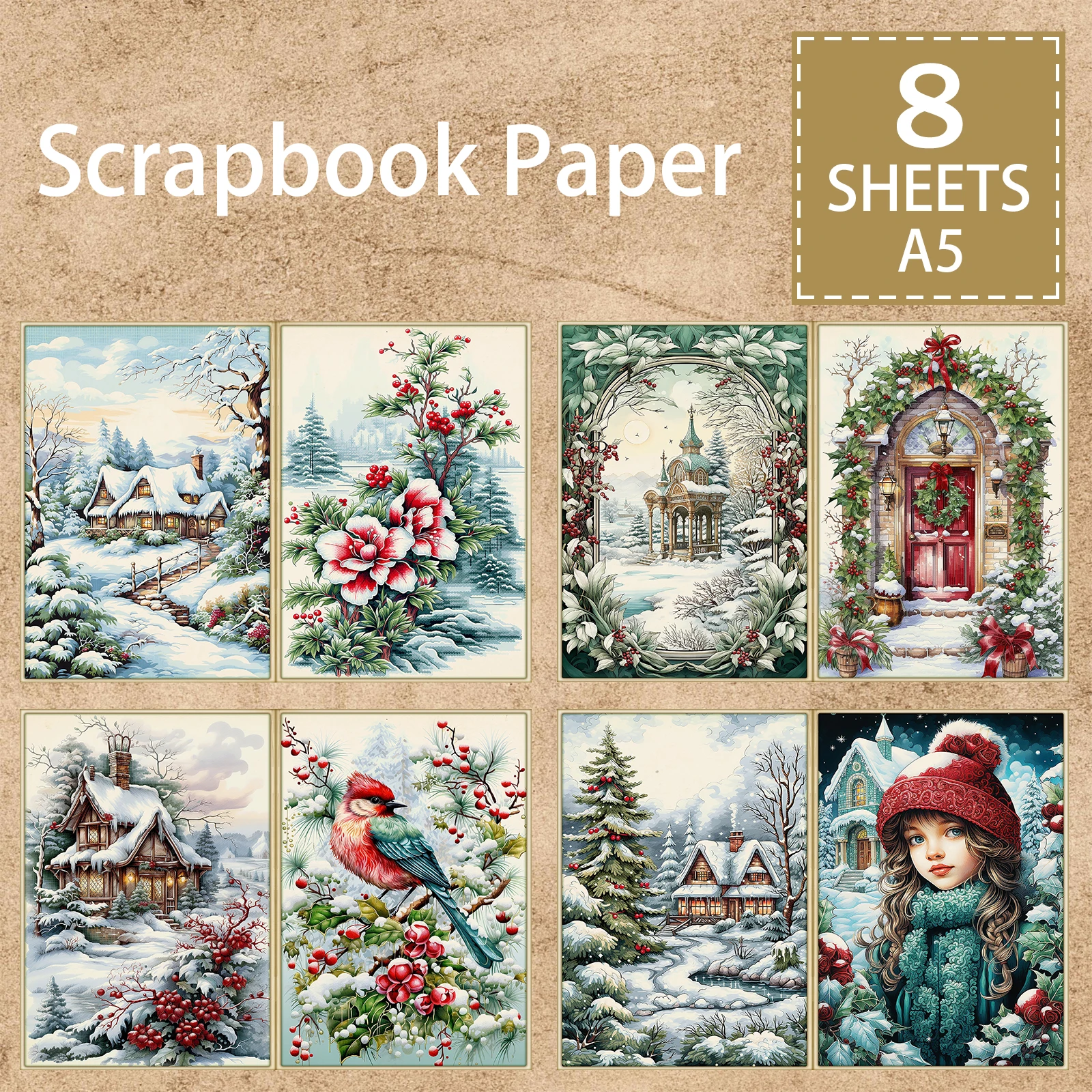 

8 Sheets A5 Size Girl Wearing Red Hat In Christmas Tree Forest Background Vintage Grunge Journal Planning Scrapbooking