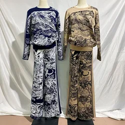 t Muslim Sets Middle East Dubai Fashion Women's Clothing Vintage Jungle Knit Sui Print Tops + Wide Leg Pants 2ps Womens Outfits