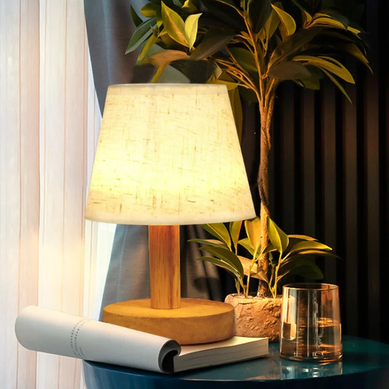 

Table Lamp Modern Home Bedroom Bedside Night Lights Solid Wood Decorative Lamps Cloth Lampshade