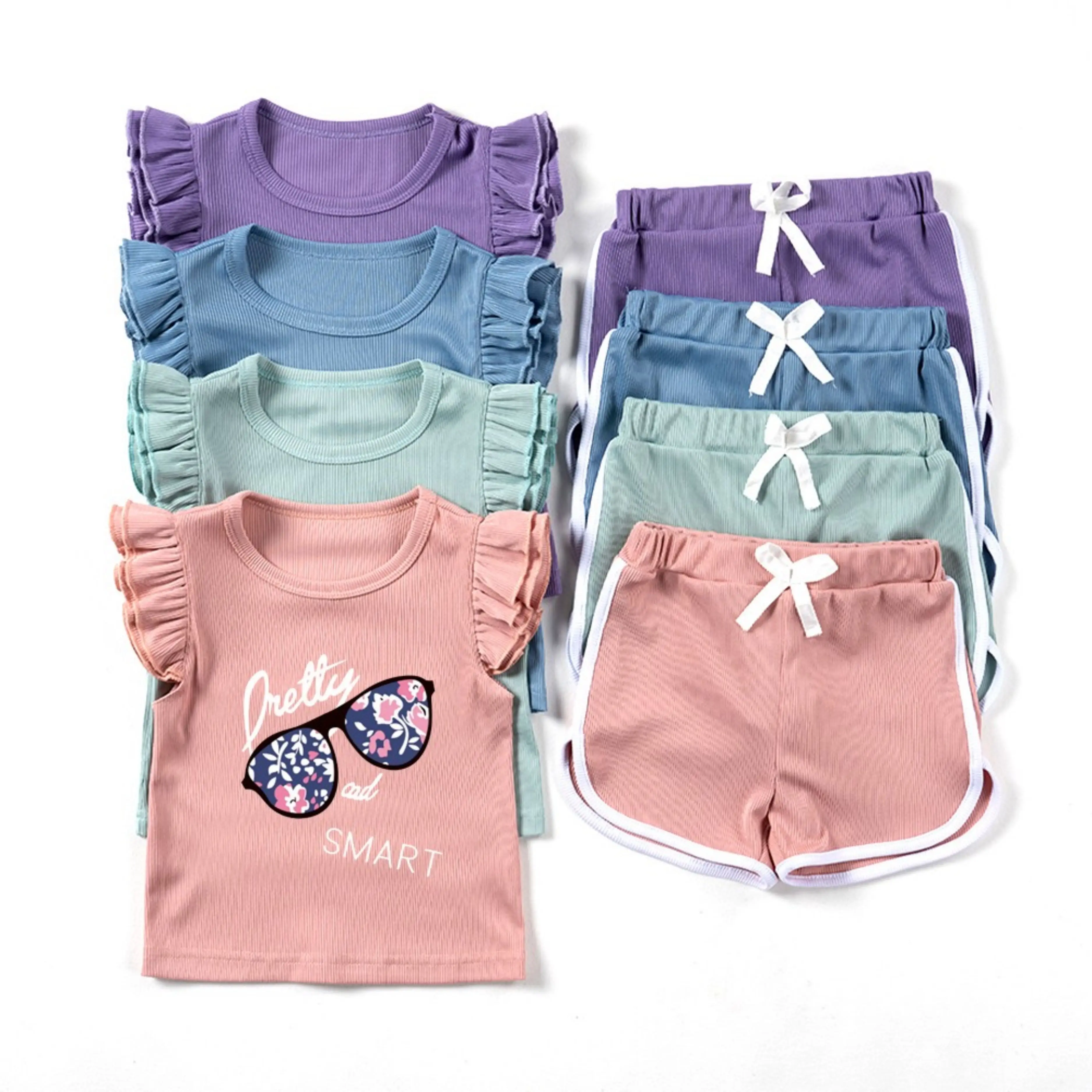 Baby Mädchen einfarbig Set Cartoon Brille gedruckt Rüschen Rand kurze Ärmel Shorts Set Kinder Shorts täglich tragen