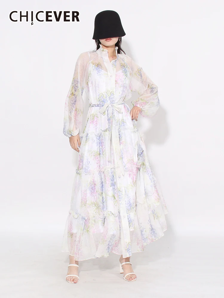 

CHICEVER Print Maxi Dresses For Women V Neck Long Sleeve High Waist Single Breasted Tunic Hit Color Loose Spring Dress Female