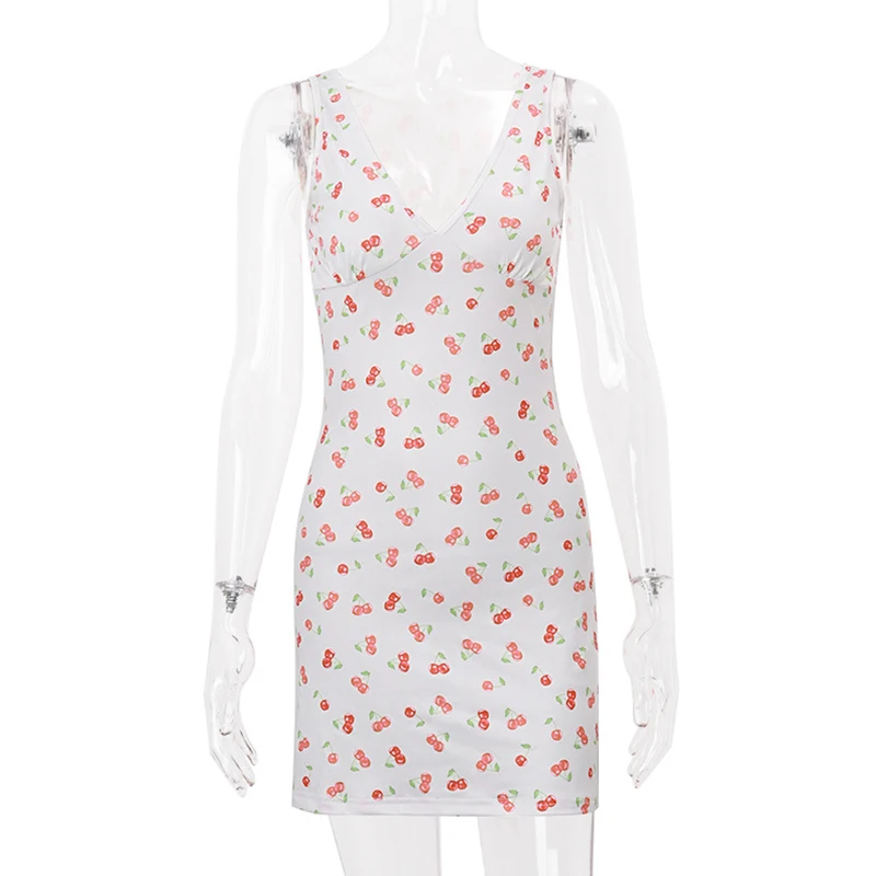 Summer Mini Dress Women Aesthetic Clothes Cherry Print V Neck Sleeveless A Line Short Dress y2k Club Party Dresses