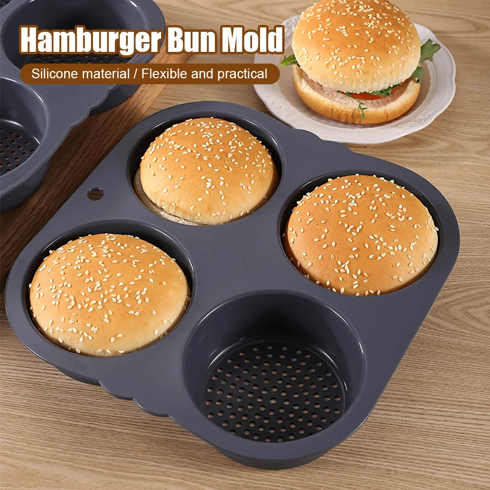 

Hamburger Bun Mold Baking Hamburger Bread Pan Non-Stick Silicone Mold Dishwasher Safe 4 Cavities for Burger Buns Kitchen Tool