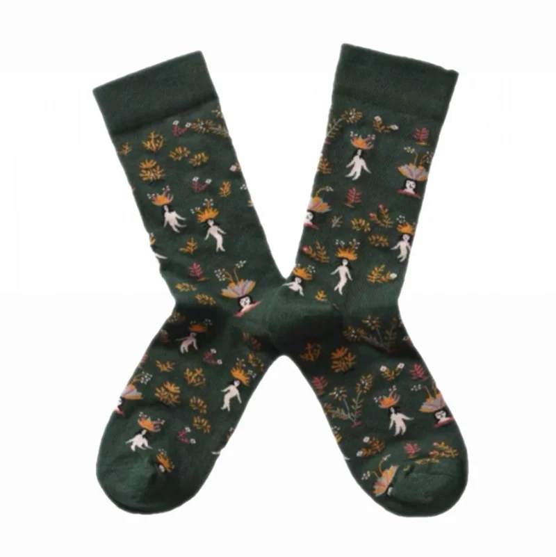 Yoga Literature Art Women's European American Jacquard Street Skateboard Retro Color Breathable Casual Mid-tube Cotton Socks