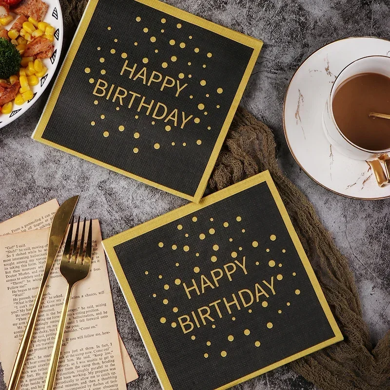 Paper Napkins Birthday Party Colorful Printing Napkins Square Paper Napkins Gold Lettering on Black Background Paper Placemats 20pcs/pac 33cm