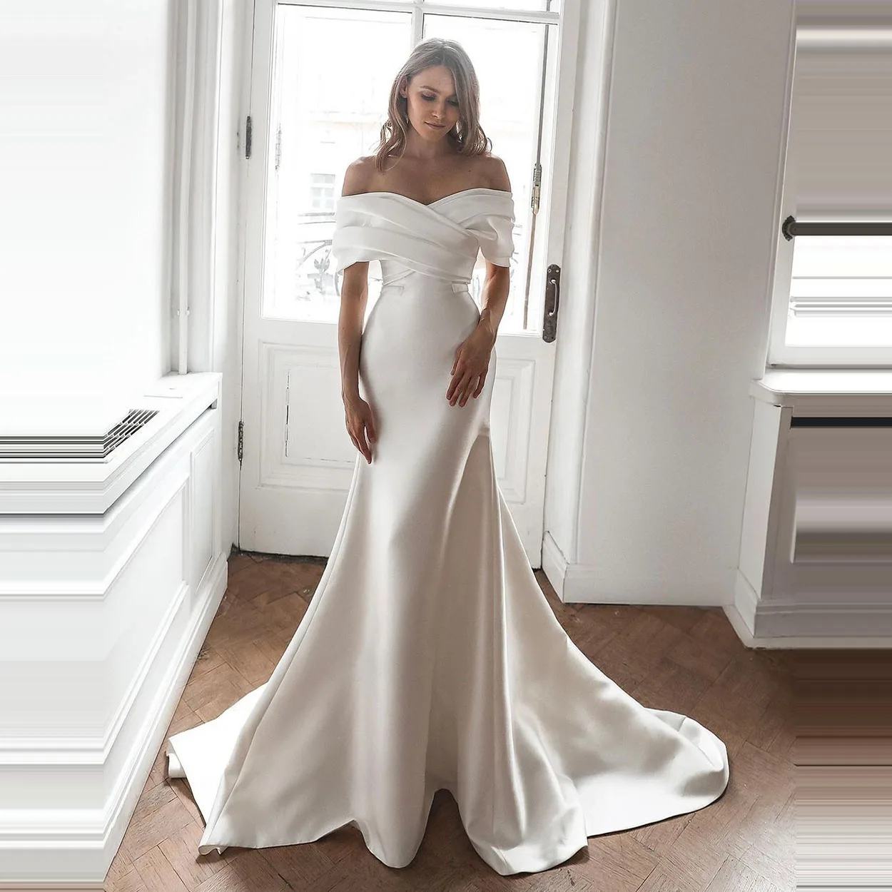 Elegant Simple Satin Mermaid Wedding Dresses For Women Bride Dress Off The Shoulder Pleats Bridal Gowns Robes De Soirée