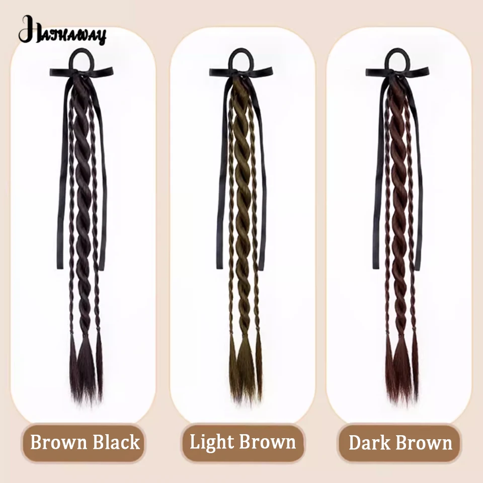 18 Inch Bow Twist Ponytail Wig Braid Synthetic College Wind Ribbon Twist Braid Natural Fluffy Double Ponytail Wig Daily Wear
