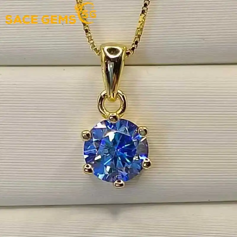 

SACE GEMS D Color 1CT Moissanite Diamond Necklace for Women Round Pendant Certificates S925 Sterling Silver Wedding Jewelry Gift