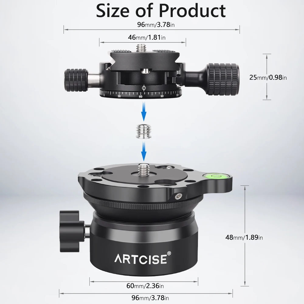 ARTCISE LH4 Leveling Base Tripod Head 360&deg;Panoramic with Arca Swiss Quick Release Plate Clamp for DSLR Camera Video Load 10kg