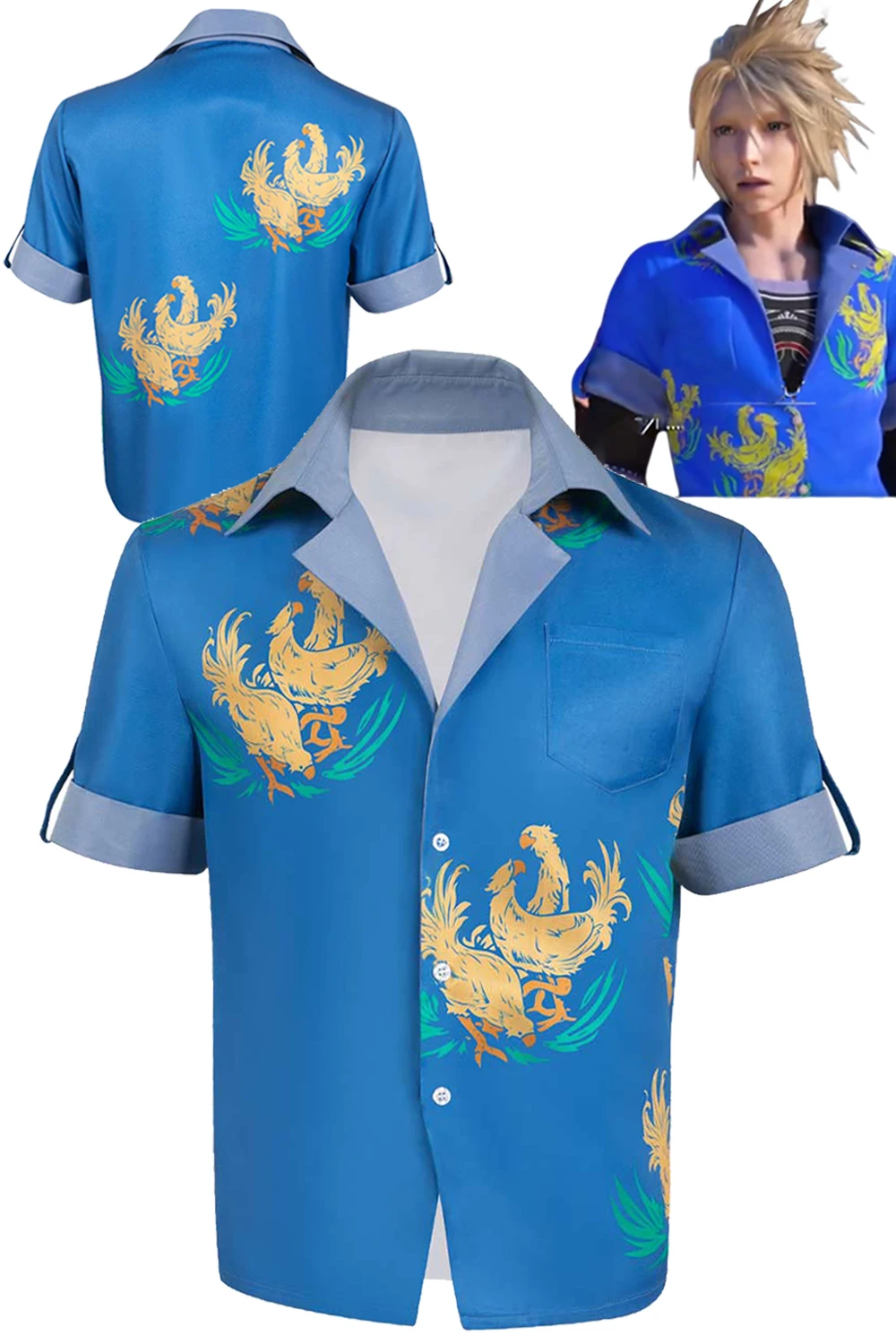 

Cloud Cosplay Blue Shirts Costume Anime Game Final Cosplay Fantasy VII Roleplay Outfits Men Summer Beach Top Male Halloween Suit