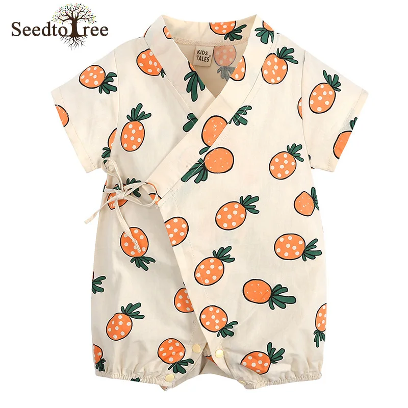 

2022 Summer Casual Fruit Printed Baby Jumpsuit 0-3Y V- Neck Short Sleeve Belt Bodysuits Cotton Kids Rompers