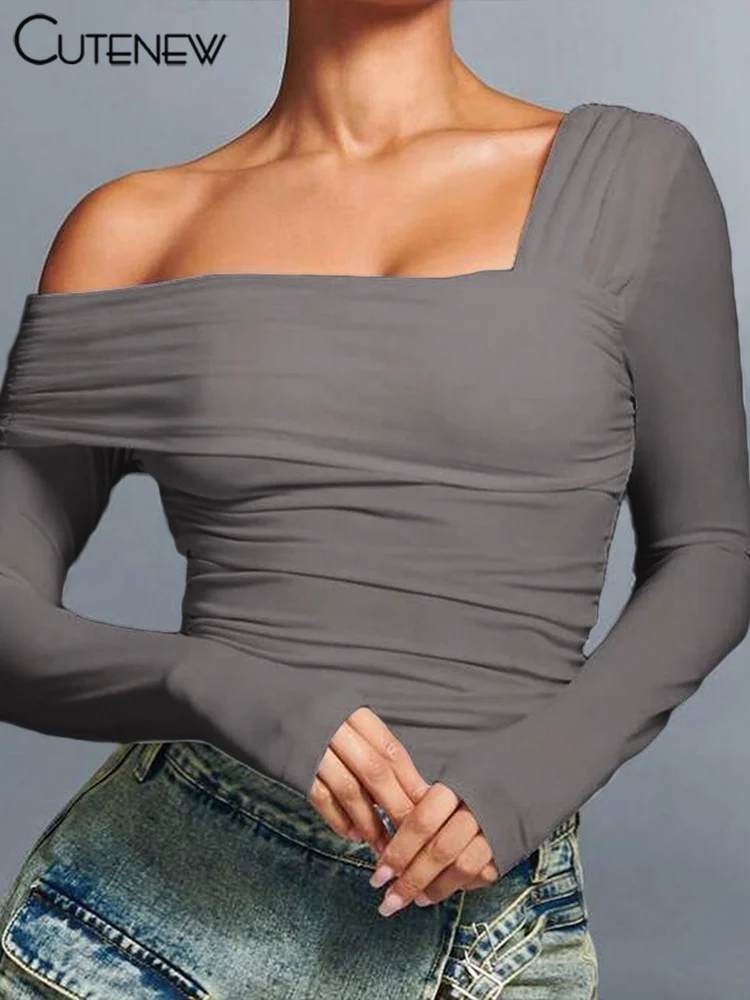 Asymmetrical Slash Neck Wild Women T-shirts Concise Ruched Full Sleeve Skinny Crop Tees Trend Basic Female Street Tops