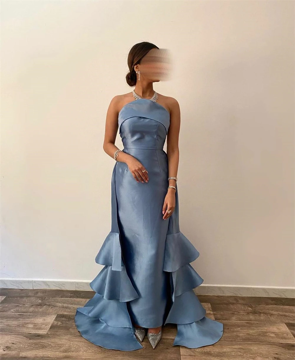 

Oisslec Prom Dress Women 2024 Elegant Strapless Sheath Pageant Floor Length Court Tiere Satin Formal Evening Gowns Saudi Arabia