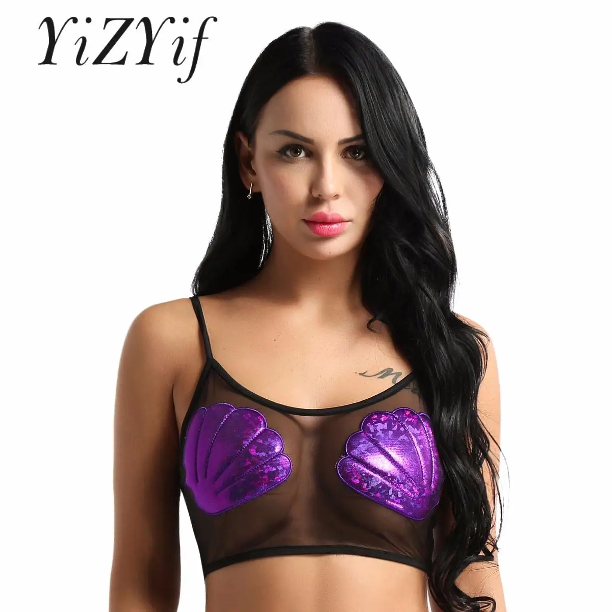 

Womens Sheer Mesh Camisole Sleeveless Spaghetti Straps Sea Shell Crop Top Vest Tank Mermaid Cosplay Costume Nightwear Lingerie