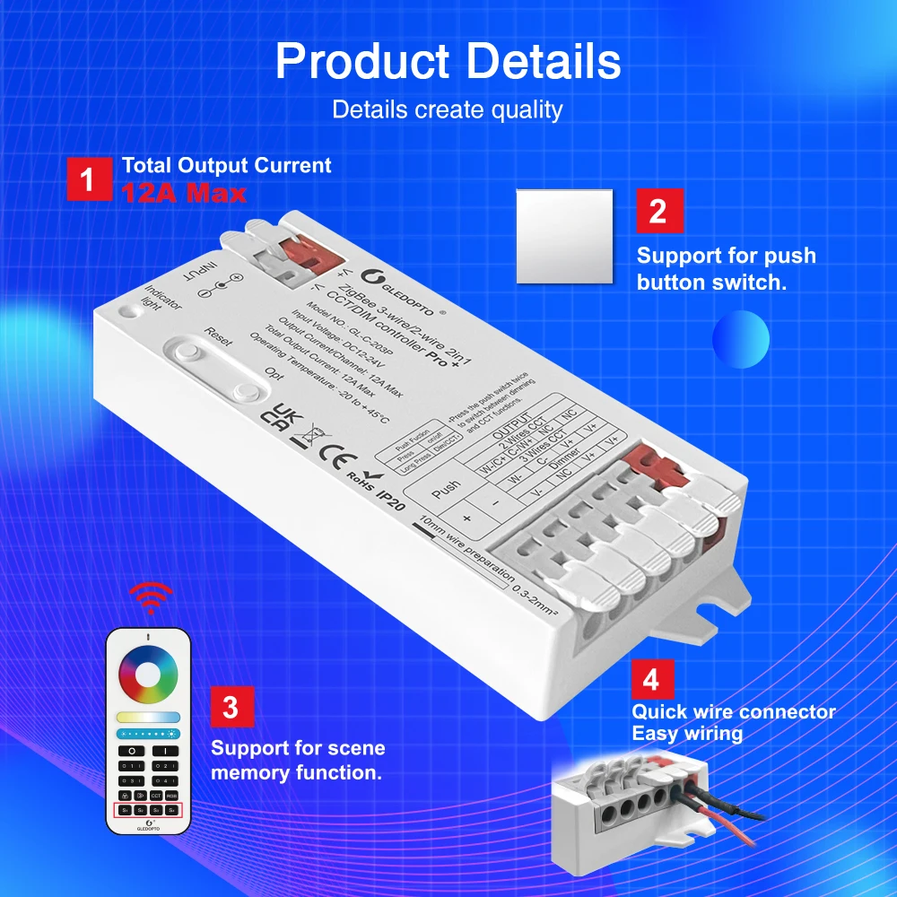 GLEDOPTO ZigBee 3.0 Pro+ WWCW 2 in 1 CCT Dimmer LED Strip Light Controller 12A Max H/ue Alexa Homey Tuya Smart Life APP Control