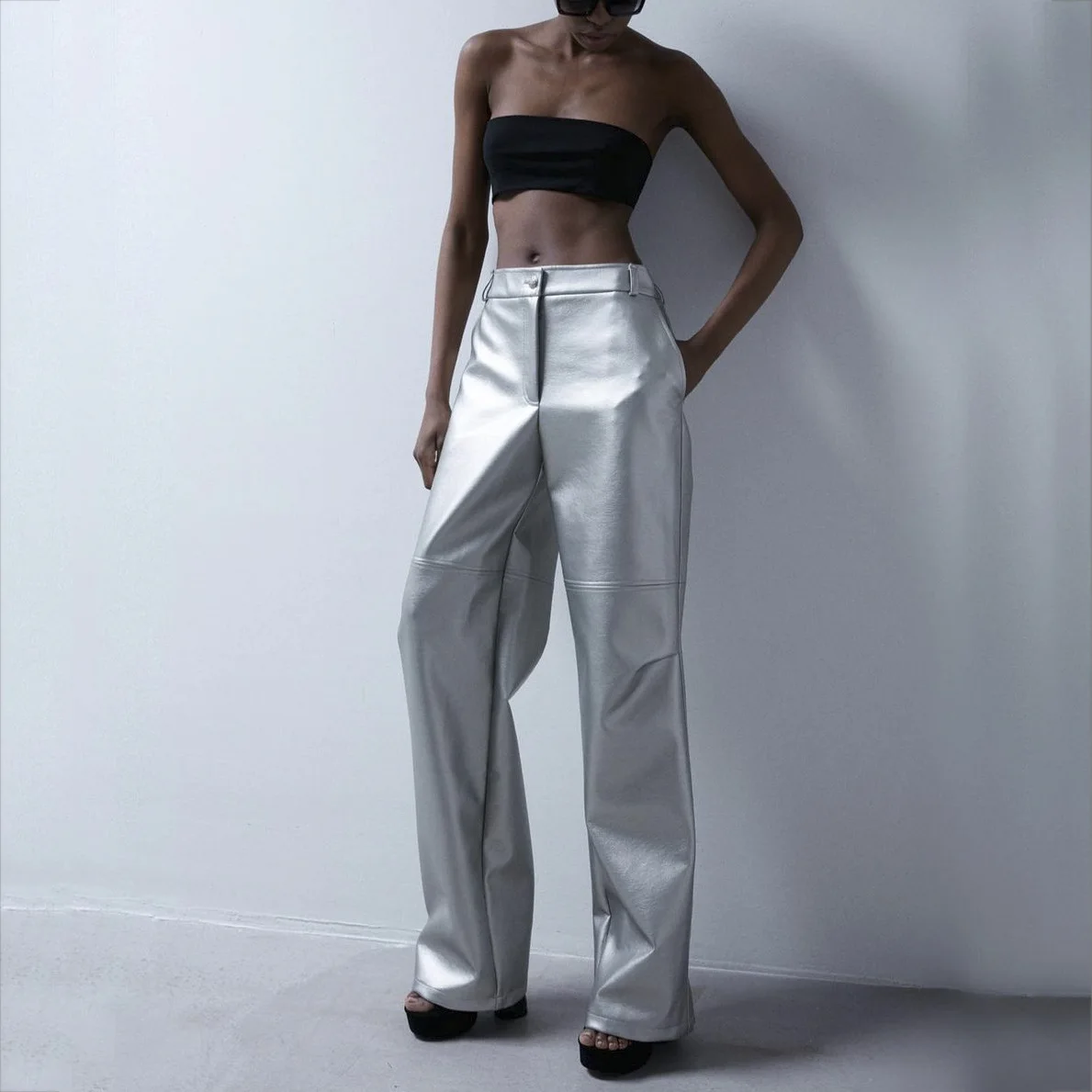 

Женские брюки-карго из искусственной кожи, прямые широкие брюки с высокой талией и 2 карманами, Y2K