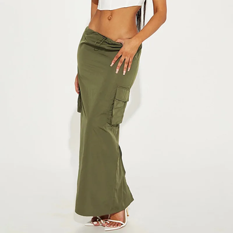 

Women Autumn Winter Elegant Chic Solid Y2K Skirt High Waist Patchwork Luxury Fashion With Pocket Casual Maxi Skirt Streetwear