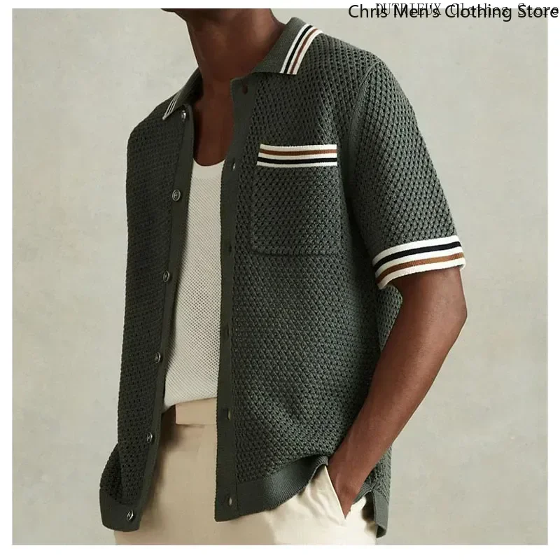 Summer New Hollow-knit Men's Shirt Business Leisure Lapel Men's Knit Shirt Street Fashion Brand Cardigan