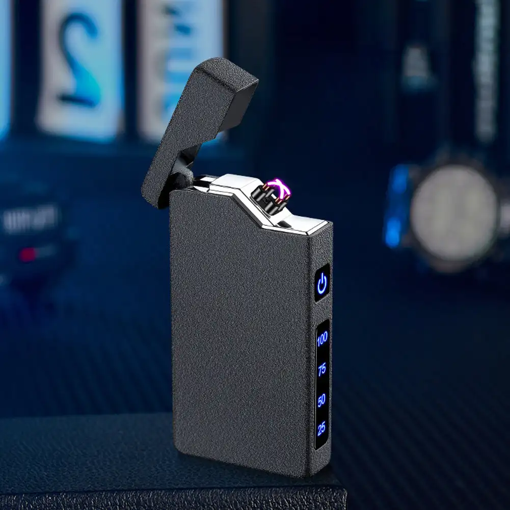 מצת מתכת עמידה ברוח עם כניסת USB LED, מצת קשת כפולה נטענת עם תצוגה דיגיטלית מגע חיישנים סוג-C טעינה מהירה