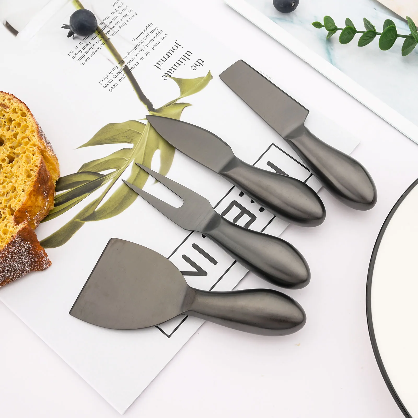 Black 3-6Pcs Food Grade Cheese Knife Tool Set Stainless Steel Handle Cheese Knife Set for Pizza Kitchen Accessories