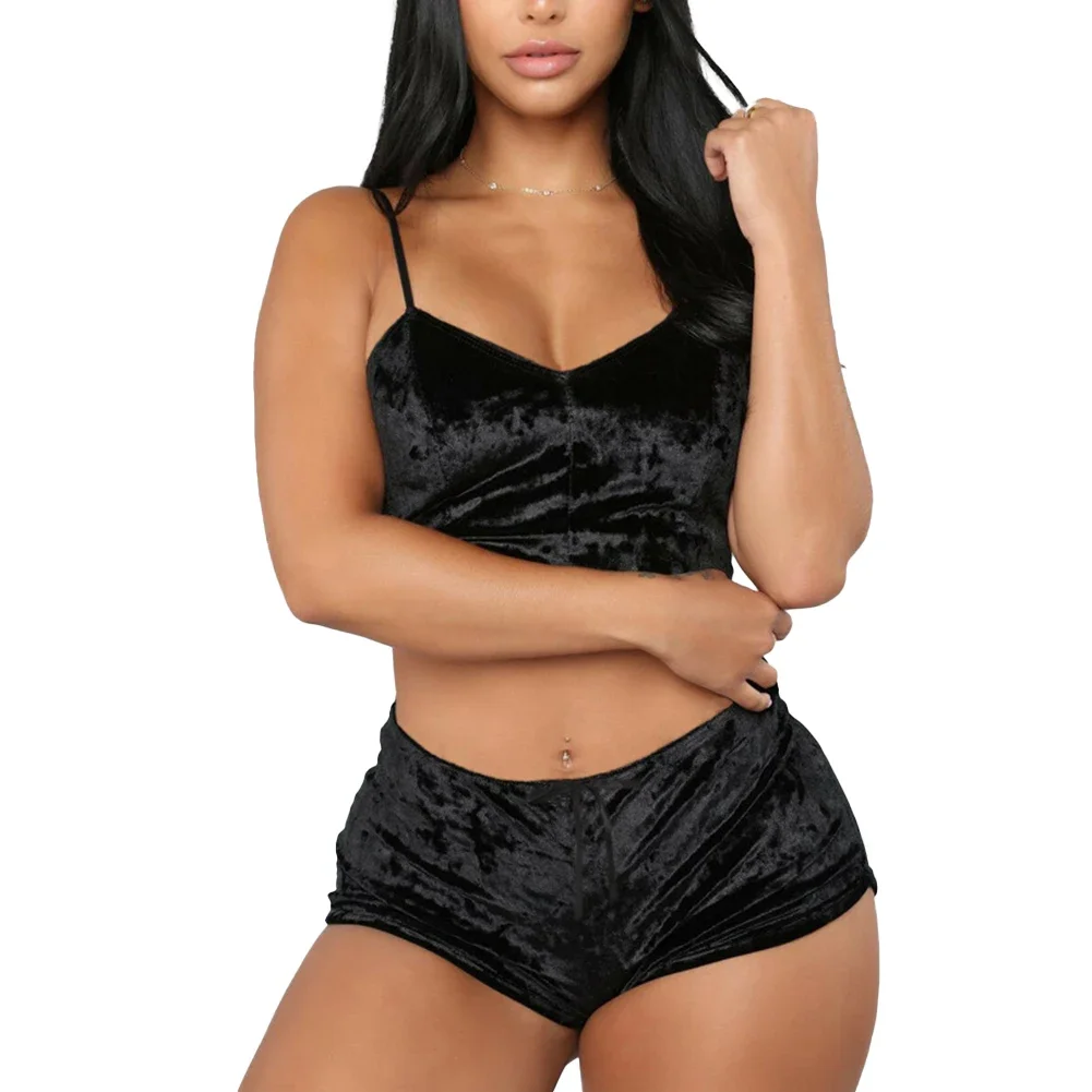 Women Sexy Lingerie Set Oil Shiny Nightwear Super Soft Short Sleepwear Sleeveless Crop Tops Solid Shorts Pajamas Set Casual Wear women pajamas set women pajama suit