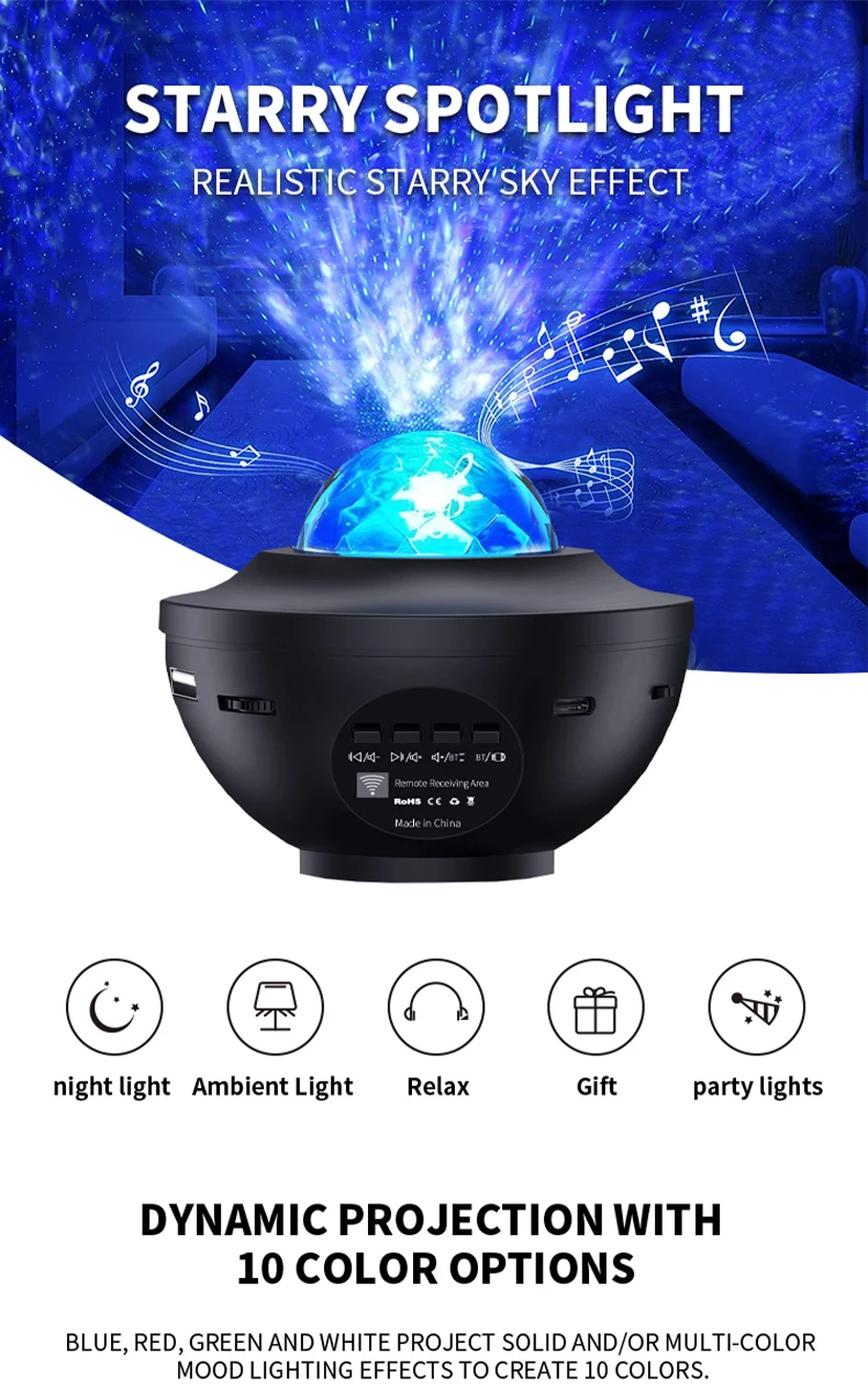 Proiettore di Stelle Galattiche con Bluetooth e Telecomando, Lampada Notturna con Effetto Onde Oceaniche per Camera da Letto e Illuminazione Atmosferica per Feste - immagine 3