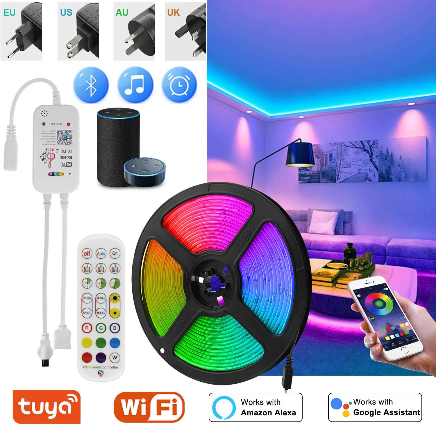 100ft Led Strip Lights 50ft Music Sync Bluetooth Led Ribbon 5050 Rgb