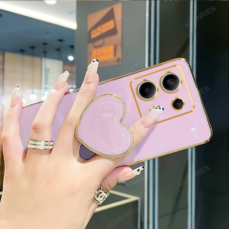 Luxury Love Heart Phone Holder Plating Case with Stand and Silicone Back Cover