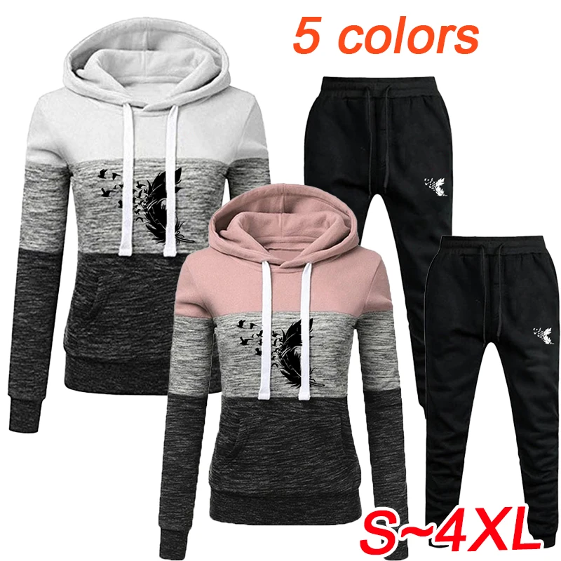 Women's printed tricolor hoodie set hooded sports top pants set sports jogging set hooded track and field suit S-4XL autumn and winter leisure fashion hoodie set sports set pullover athletic track and field wear hoodie pants 2 piece set