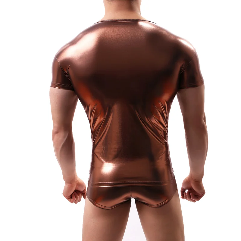 Sexy Men Clothes Set Shiny PU Leather Wet Look Short Sleeve Shirts Stage Nightclub Tops Boxer Shorts Underwear Men Undershirts Men Underwear